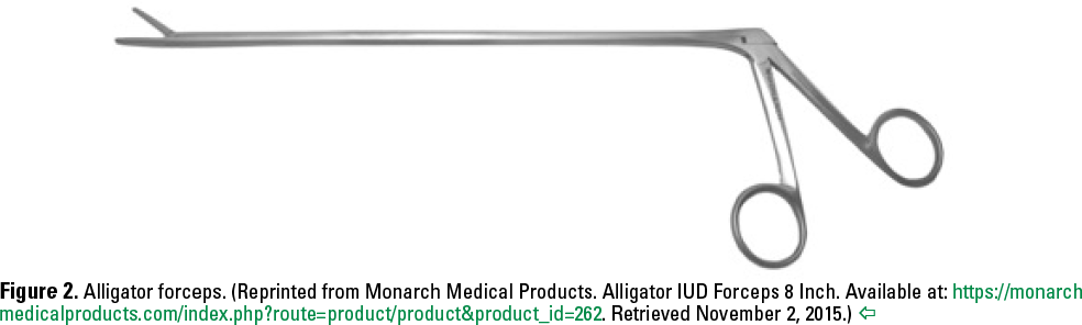 Figure 2. Alligator forceps. (Reprinted from Monarch Medical Products. Alligator IUD Forceps 8 Inch. Available at: https://monarchmedicalproducts.com/index.php?route=product/product&amp;product_id=262 . Retrieved November 2, 2015.) 
